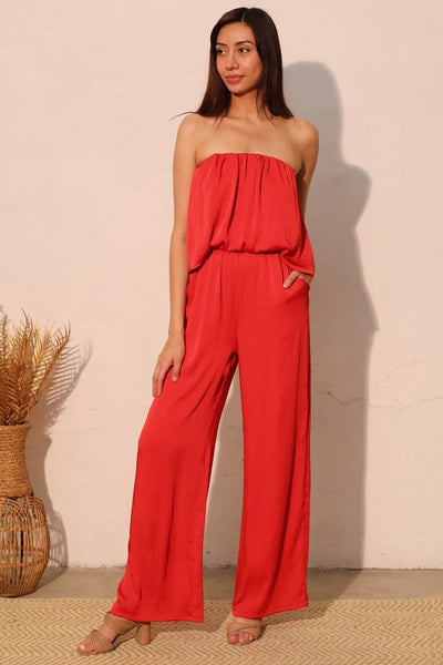 Red Washed Poly Silk Strapless Bubble Jumpsuit