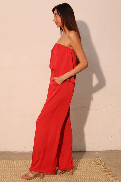 Red Washed Poly Silk Strapless Bubble Jumpsuit