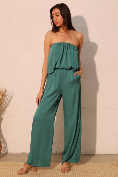 Forest Green Washed Poly Silk Strapless Bubble Jumpsuit
