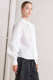 White Ruffled High Neck Button Down