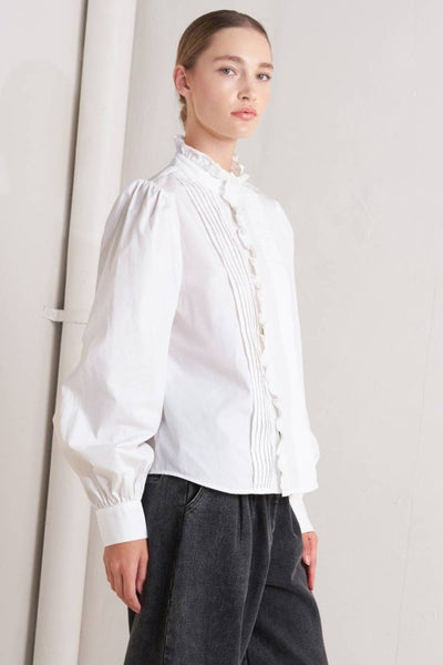 White Ruffled High Neck Button Down