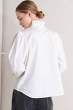 White Ruffled High Neck Button Down
