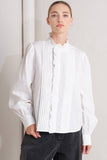 White Ruffled High Neck Button Down