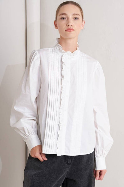 White Ruffled High Neck Button Down