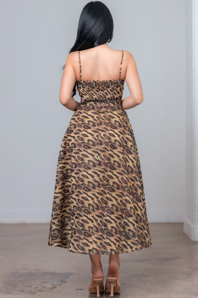 Leopard Print Sleeveless Rhinestone Trim Midi Dress
