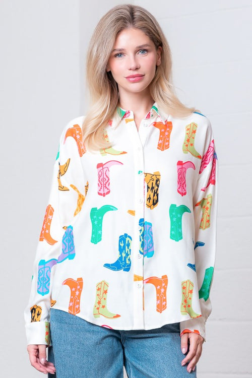 Boot Printed Button Up Long Sleeve Blouse