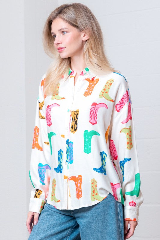 Boot Printed Button Up Long Sleeve Blouse