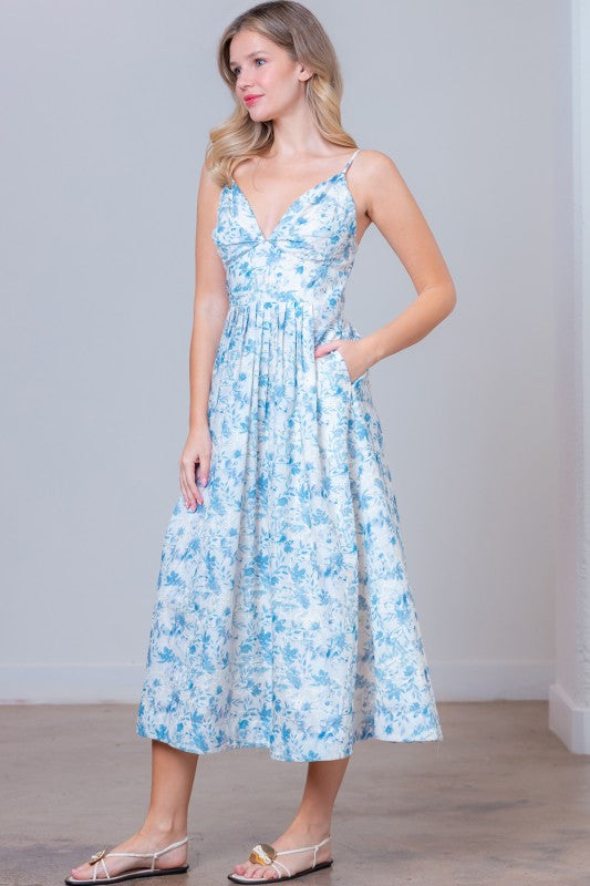 Ivory and Blue Embroidered Plunge Midi Dress