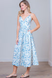 Ivory and Blue Embroidered Plunge Midi Dress