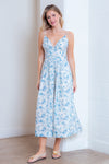 Ivory and Blue Embroidered Plunge Midi Dress