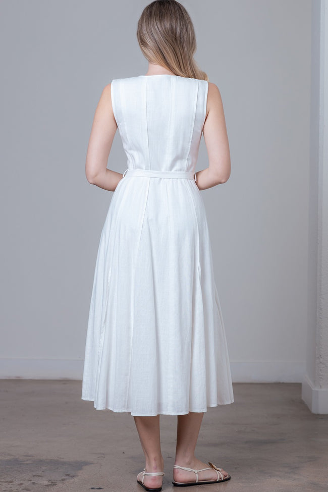 White Linen Button Down Dress With Belt