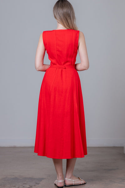 Bright Red Linen Dress With Belt