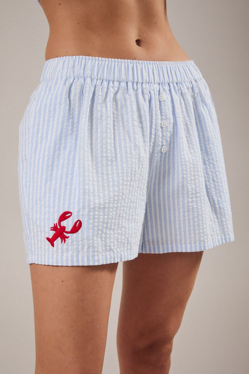 Blue Striped Shorts With Lobster Embroidery