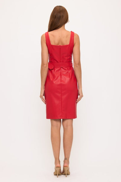 Red Faux Leather Gold Button Down Fitted Dress