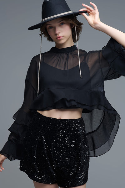 Black Sheer Ruffle Blouse
