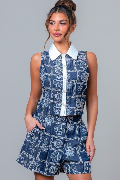 Embroidered Collar Vest & Shorts Set