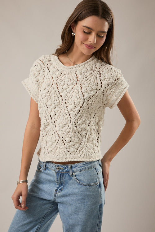 Cream Crochet Short Sleeve Sweater Top