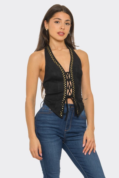 Black Studded Suede Halter Top