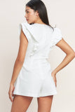 White Denim Romper with Ruffle Sleeves and Button Down Detail Front