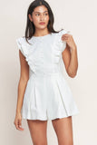 White Denim Romper with Ruffle Sleeves and Button Down Detail Front