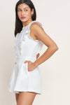 White Denim Romper with Ruffle Sleeves and Button Down Detail Front