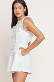 White Denim Romper with Ruffle Sleeves and Button Down Detail Front