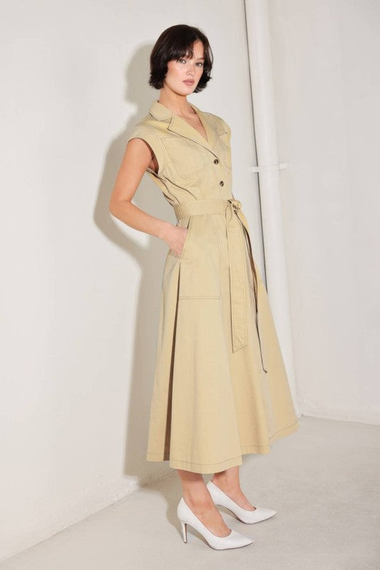Khaki Button Down Cap Sleeve Tie Waist Maxi Dress