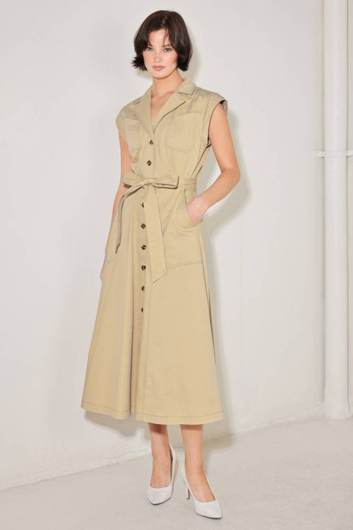 Khaki Button Down Cap Sleeve Tie Waist Maxi Dress