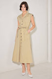 Khaki Button Down Cap Sleeve Tie Waist Maxi Dress