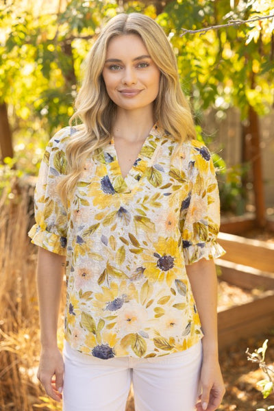 Yellow Ruffled V-Neck Floral Embroidered Blouse