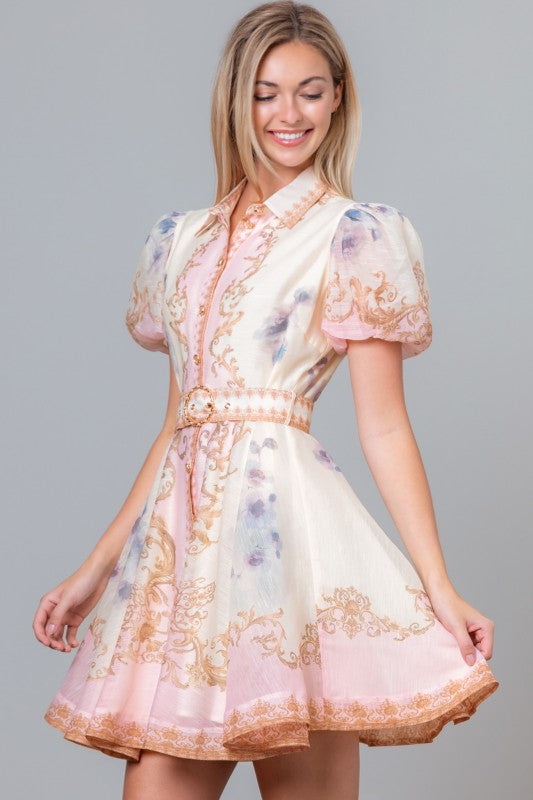 Baby Pink Victorian Print Short Sleeve Dress