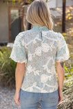 Dusty Blue Smocked Neck Embroidered Floral Blouse