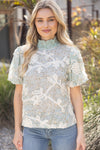 Dusty Blue Smocked Neck Embroidered Floral Blouse