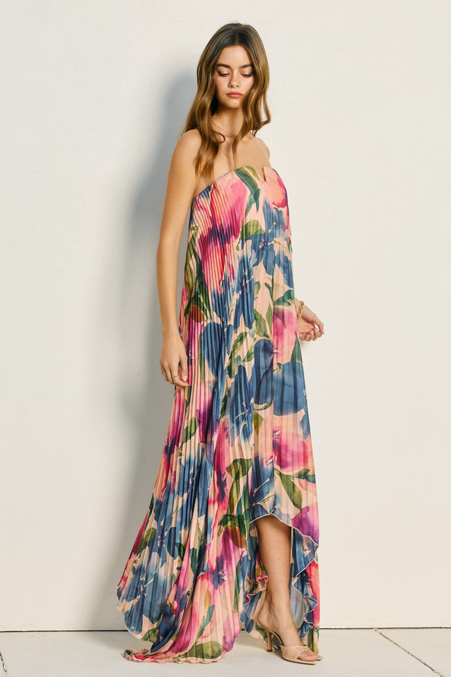 Floral Strapless Pleated Maxi Column Dress