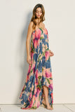 Floral Strapless Pleated Maxi Column Dress