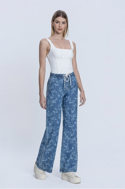 Blue Floral Super High Rise Drawstring W Pull On Wide Leg