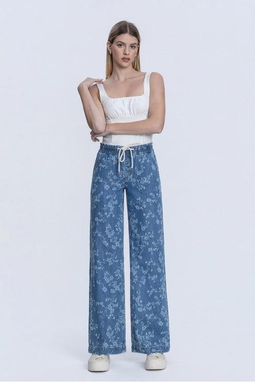 Blue Floral Super High Rise Drawstring W Pull On Wide Leg