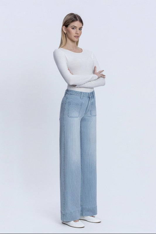Striped High Rise Patch'd Wide Jean
