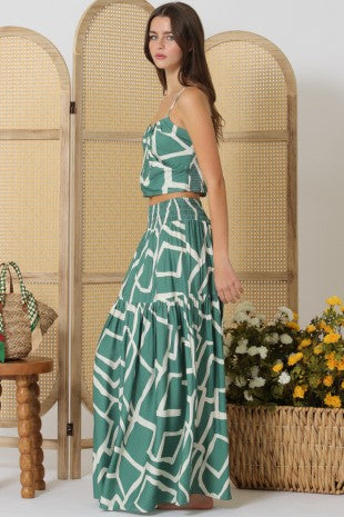 Green Print Thin Shoulder Strap Top and Tiered Maxi Skirt Set