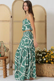 Green Print Thin Shoulder Strap Top and Tiered Maxi Skirt Set