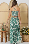 Green Print Thin Shoulder Strap Top and Tiered Maxi Skirt Set