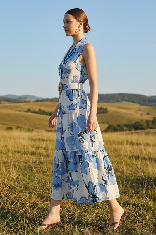 Blue Floral Print Sleeveless Maxi Dress with Belt