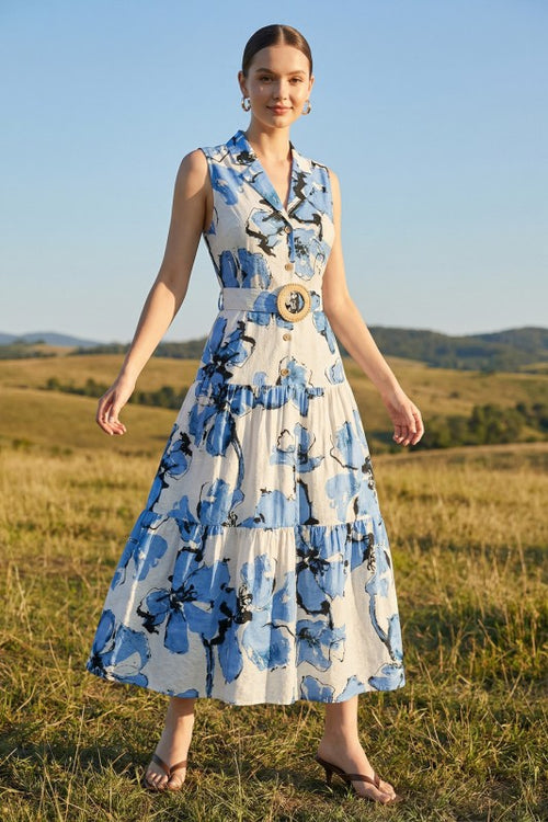 Blue Floral Print Sleeveless Maxi Dress with Belt