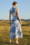 Blue Floral Print Sleeveless Maxi Dress with Belt