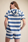Blue Striped Hoodie Short Sleeve Top and Short Set