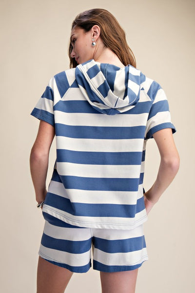 Blue Striped Hoodie Short Sleeve Top and Short Set