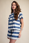 Blue Striped Hoodie Short Sleeve Top and Short Set
