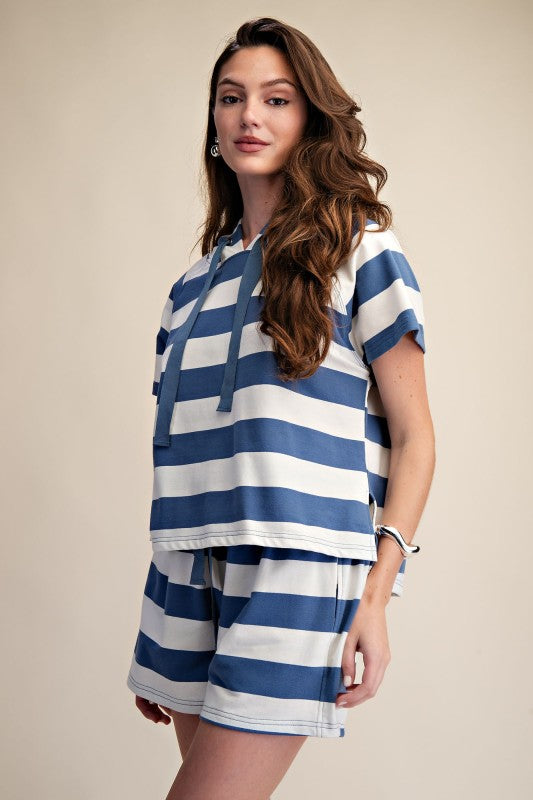 Blue Striped Hoodie Short Sleeve Top and Short Set
