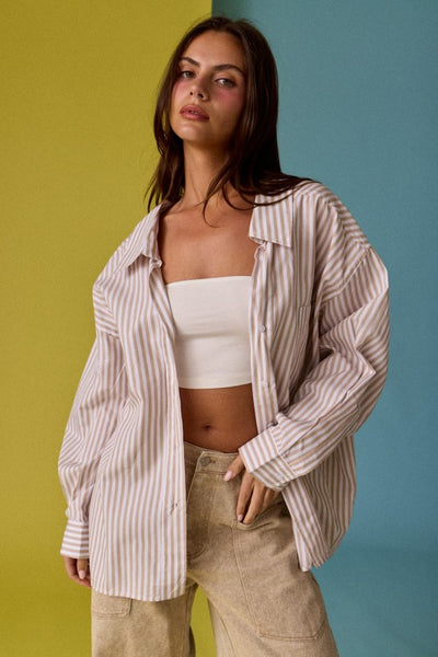 Luna Taupe Oversized Stripe Button Down