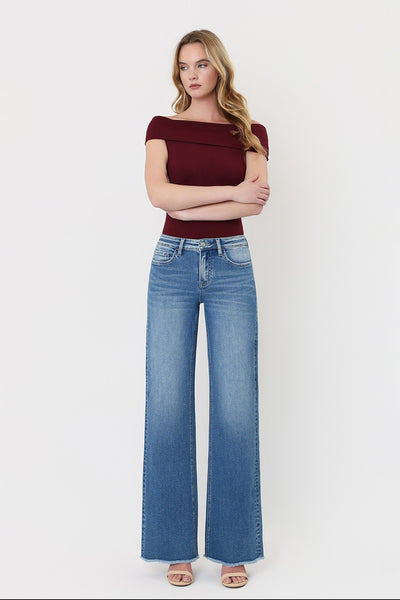 Mid Rise Uneven Raw Hem Wide Leg